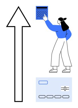 Kadının elinde yukarı doğru giden bir okun yanında bir hesap makinesi var. İlerleme olduğunu gösteriyor. Kredi kartı maddi unsurları ön plana çıkarır. Finans, büyüme, ekonomi, bütçe, başarı, yatırım analizleri için ideal. Düz