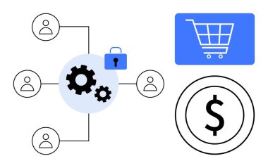 Kullanıcıları birbirine bağlayan vitesler, güvenlik, alışveriş arabası ve e-ticareti temsil eden dolar simgesi. İş, e-ticaret, takım çalışması, finans, siber güvenlik dijital pazarlama için ideal