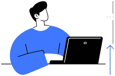 Dizüstü bilgisayardaki görevlerde görev alan kişi, yukarı doğru ok ile başarı, verimlilik ya da başarıyı simgeler. İş, eğitim, teknoloji, yenilik, kişisel gelişim için ideal