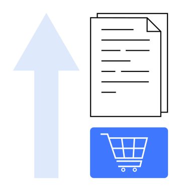 Belgeler ve alışveriş arabası unsurları yanında yukarı ok, büyümeyi, e-ticareti, veri transferini, onayı, lojistik, dijital dosyalama ve pazar faaliyetlerini temsil ediyor. İş görselleri için ideal