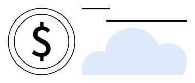 Çemberin içindeki dolar işareti ve mavi bulut dijital finans, bulut hesaplama, çevrimiçi ödemeler ve küresel ekonomik entegrasyonu temsil ediyor. Finans, teknoloji, yenilik ve yazılım için ideal