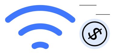 Basit çizgileri olan bir dolar işaretinin yanında mavi kablosuz sinyal simgesi. Bağlantı, internet maliyeti, teknoloji, veri kullanımı, iletişim, dijital hizmetler, finansal kavramlar için idealdir. Düz