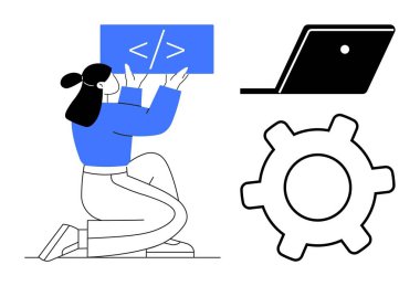 Dizüstü bilgisayar ve teçhizatın yanında dizlerinin üzerine çöküp program, yazılım geliştirme ve teknolojiyi temsil eden bir kadın. Kodlama, eğitim, yazılım mühendisliği ve teknoloji için ideal