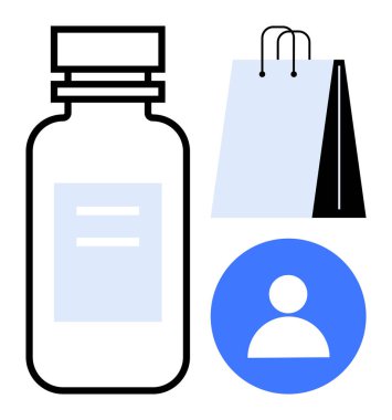 Alışveriş poşeti ve kullanıcı profili ikonu yanında ilaç şişesi, çevrimiçi eczacılık, sağlık hizmeti, dijital perakende satış temsilcisi. Sağlık teknolojisi, e-ticaret, kullanıcı merkezli çözümler ve tüketici için ideal