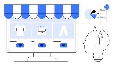 Ürünlerin ve alışveriş arabalarının yer aldığı dijital vitrinli bilgisayar ekranı, analitik grafiği ve yeniliği sembolize eden bir ampul. Çevrimiçi iş, alışveriş, analiz ve pazarlama için ideal