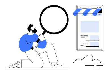 Adam dijital ekranda büyüteçleri çevrimiçi vitrine doğru tutarken diz çöküyor. Çevrimiçi alışveriş, ürün araması, iş analizi, piyasa araştırması, veri değerlendirmesi, e-ticaret için ideal