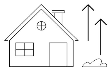 Minimalist çizgili bacalı bir ev, iki yukarı doğru ok ve bir çalı. Konut, inşaat, gayrimenkul, kalkınma, ev geliştirme, sürdürülebilirlik artışı için idealdir. Düz