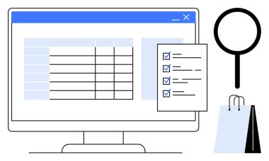 Bilgisayar monitörü veri tablosunu, keneli listeyi, büyüteci ve alışveriş torbasını gösteriyor. E-ticaret, veri analizi, görev yönetimi, çevrimiçi alışveriş, piyasa araştırması dijital için ideal