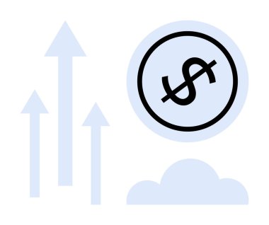 Büyük bir dolar sembolünün yanında yükselen oklar ekonomik büyümeyi, yükselen eğilimleri ve finansal başarıyı gösteriyor. İş, finans, strateji, yatırım, gelir ilerleme pazarı için idealdir. Düz basit