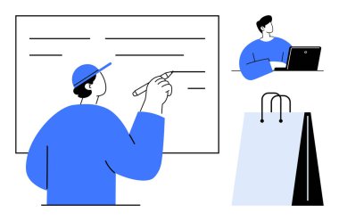 Tahtaya yazı yazan kişi, dizüstü bilgisayarda çalışan kişi ve alışveriş torbaları. Eğitim, takım çalışması, e-ticaret, beyin fırtınası, online iş eğitimi için ideal. Düz basit metafor