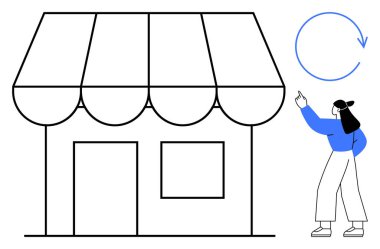 Pencereli ve güneşlikli bir dükkan, dairesel bir oku işaret eden bir kadın. Perakende satış, küçük işletme, girişimcilik, markalaşma, büyüme ve yenilik stratejisi için idealdir. Düz basit metafor