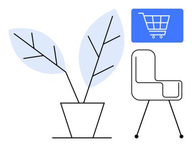 Geniş yapraklı saksı bitkisi, modern sandalye, dijital alışveriş arabası ikonu. E-ticaret, bahçıvanlık, mobilya, online alışveriş, iç tasarım minimalizmi modern yaşam tarzı için idealdir. Düz