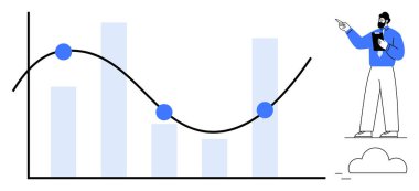 Dalgalanan çizgi grafiği ve çubuk grafiği üzerinde analizler yapan adam trendleri vurguluyor. İş, analitik, ilerleme, istatistik, eğitim, araştırma, takım çalışması için ideal basit bir metafor