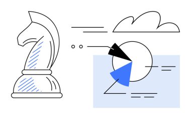 Turta grafiğinin yanında satranç şövalyesi, bulut ve soyut çizgiler strateji, analitik, yenilik, planlama, karar verme, veri değerlendirme adaptasyonunu temsil ediyor. İşletme fikirleri için ideal