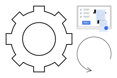 Otomasyonu temsil eden dişli, makbuzlu ödeme ekranı ve Ödeme tuşu, süreklilik için dairesel ok. Finansal teknoloji için ideal, çevrimiçi işlemler, otomasyon, verimlilik