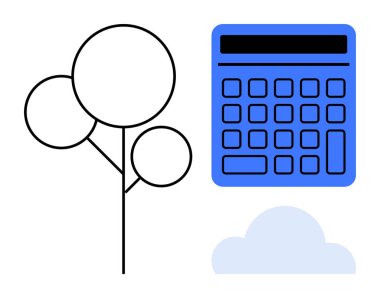 Asgari ağaç çizimi, basit hesap makinesi ve sürdürülebilirliği, finansal planlamayı ve ekolojik bilinçli iş fikirlerini temsil eden bulut öğesi. Finans, ekoloji, büyüme ve planlama için ideal
