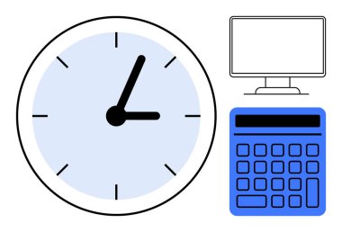 Mavi yüzlü saat, bilgisayar monitörü ve zaman yönetimi, teknoloji ve organizasyonu temsil eden mavi hesap makinesi. Üretkenlik, verimlilik, iş akışı, planlama ofisi görevi için ideal