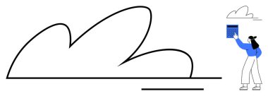 Kadın dijital bir buluta veri yerleştiriyor, depolamayı ve organizasyonu sembolize ediyor. Teknoloji, bulut depolama, veri yönetimi, dijital dönüşüm, üretkenlik ve minimalizm için ideal. Düz