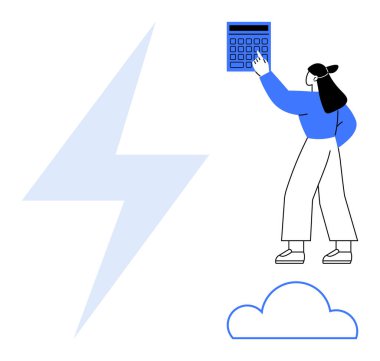 Büyük bir hesap makinesi, mavi bulut ikonu ve yıldırımla meşgul olan kadın planlama, enerji, teknoloji ve yenilikleri temsil ediyor. Sürdürülebilirlik ve finansal bulut hesaplama için ideal