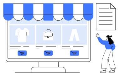 Bilgisayar ekranında giysi ürünleri ve alışveriş arabası seçenekleriyle birlikte e-ticaret mağazası düzeni gösteriliyor. Referans için bir belgeyi işaret eden kişi. Perakende, teknoloji, e-ticaret, alışveriş için ideal