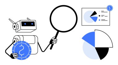 Robot, pasta grafikleri ve veri grafiklerini incelerken büyüteç ve para tutuyor. Finans, teknoloji, analiz, yapay zeka, iş büyümesi, veri içgörüsü, araştırma için ideal. Düz basit metafor