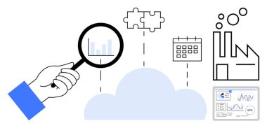 Büyüteçle el, bulut verilerini inceler, fabrikaya, takvime, bulmaca parçalarına ve analizlere bağlıdır. Teknoloji, analiz, üretim, planlama bağlantıları problem çözme için ideal