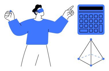 VR kulaklık takan kişi hesap makinesi ve 3 boyutlu geometrik şekillerle etkileşimde. Eğitim, teknoloji, sanal gerçeklik, yenilik, yaratıcılık, BTMM, dijital öğrenme için ideal. Düz basit metafor