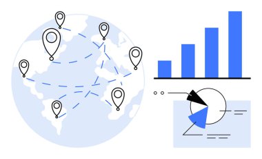 Çubuk grafik, pasta grafiği ve analizlerin yanındaki noktalı çizgilerle birbirine bağlı konum işaretleyicileri olan dünya. Takım çalışması, lojistik, teknoloji, küreselleşme, iş büyümesi, strateji dairesi için ideal