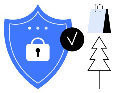 Kilit simgesi, işaretleme işareti, alışveriş torbaları ve güvenlik, alışveriş güvenliği ve çevre dostluğunu temsil eden minimum ağaç hatlı mavi bir kalkan. Güvenlik, e-ticaret ve güven koruması için ideal