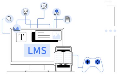 Masaüstü, mobil, kitap ve oyun denetleyicisi öğrenmeyi, analitiği ve sertifikasyonu temsil eden simgelerle birbirine bağlı. Eğitim, e-öğrenim, oyun analitik sertifika öğrenme araçları için ideal