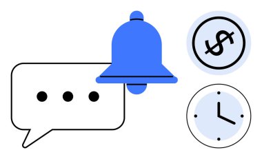 Mesaj baloncuğu, saat ve dolar işaretleriyle ortada mavi çan, uyarıları, mesajlaşmayı, zaman yönetimini ve finansal güncellemeleri temsil ediyor. İletişim için ideal, üretkenlik, organizasyonu hatırlatma