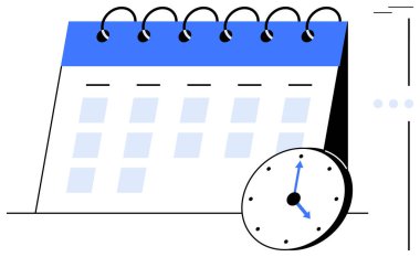 Spiral bağlayıcı takvim, mavi röfleler ve zamanı vurgulayan bir saat. Planlama, organizasyon, verimlilik, teslim tarihleri, randevu programları ve hatırlatıcılar için idealdir. Düz basit metafor