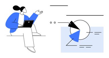 Dizüstü bilgisayarlı bir kadın grafikler, pasta dilimleri, analitik ve sezgileri sembolize eden grafikler çiziyor. Takım çalışması, strateji, eğitim, iş dünyası, iletişim, öğrenme için ideal basit