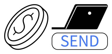 Sola bir dolar, dizüstü bilgisayardan sağa gönderme düğmesi. Dijital finans, çevrimiçi bankacılık, para transferi, fintech çözümleri, e-ticaret, finans teknolojisi ve uzaktan işlemler için ideal