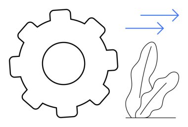Vites çarkında mavi yönlü oklar ve asgari bitki çizgisi var. Otomasyon için ideal, gelişim süreci, büyüme, sürdürülebilirlik, verimlilik, teknoloji, yenilik. Basit düz metafor