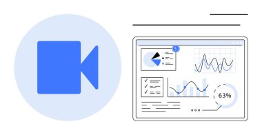 Analitik gösterge panelinin yanında grafik, grafik ve veri yüzdeleri içeren mavi video kayıt simgesi. İş, teknoloji, iletişim, medya, istatistik, video konferans ve daire için ideal