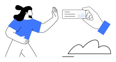 Kadın figürü, sıkı bir jestle elini uzatıp kimlik kartını tutuyor. Gizlilik, rıza, veri güvenliği, kimlik yönetimi, kişisel sınırlar, reddetme, sosyal farkındalık için idealdir. Düz basit