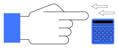 Okları olan bir hesap makinesini işaret eden eller etkileşimi, hesaplamayı ya da veri girişini sembolize eder. Karar verme, finans, muhasebe, bütçe, analitik teknoloji basitliği için idealdir. Düz