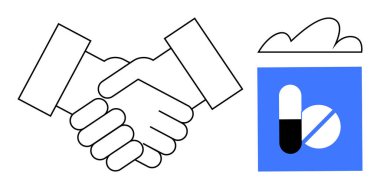 İki el titriyor, ortaklığı sembolize ediyor, mavi bir karede bulutun altında hapların yanında. Sağlık, ortaklık, güven, yenilik, iş birliği takım çalışması için idealdir. Düz basit metafor