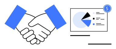 Pasta grafiği kavrayışının yer aldığı mali raporun yanında iki el tokalaşma anlaşmasını sembolize ediyor. Ortaklık, takım çalışması, işbirliği, finans, anlaşmalar, yatırım sektörü büyümesi için ideal. Düz