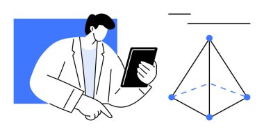 Tabletli bir adam 3 boyutlu geometrik şekli işaret ederek veri analizini, yeniliği ve modern teknolojiyi temsil ediyor. Bilim, matematik, eğitim, veri, mühendislik planlama teknolojisi için idealdir. Düz