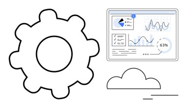 Bulut simgesinin yanında dişli mekanizması ve grafik ve grafiklerle birlikte analitik gösterge paneli. Veri analizi, bulut hesaplama, iş akışı analizleri, teknoloji çözümleri, süreç optimizasyonu, yazılım için ideal