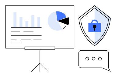 Tabela, pasta grafiği, kilitli güvenlik kalkanı ve noktalı sohbet balonu. Veri analizi, siber güvenlik, iletişim, iş toplantıları, sunumlar dijital strateji bilgileri için ideal