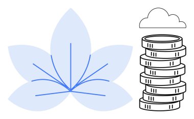 Çizgileri, birikmiş paraları ve büyüme, finans, farkındalık ve denge temaları taşıyan bulut elementleriyle stilize edilmiş nilüfer. İş için ideal, refah, doğa maneviyat yatırım tasarrufu