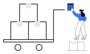 İşçi, hesap makinesi kullanarak envanter hesaplıyor. Yığınla kutuyla dolu bir arabanın yanında. Lojistik, depolama, tedarik zinciri, envanter yönetimi, depo, nakliye, planlama için ideal. Düz