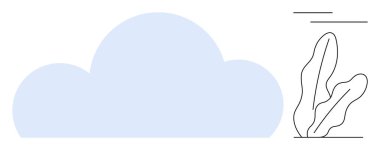 Çizgisel aksanlı soyut bir bitkinin yanında açık mavi bulut şekli. Doğa, teknoloji, çevre, basitlik, minimalizm, soyutlama, veri depolama temaları için idealdir. Düz basit metafor