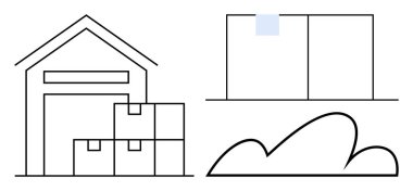 Warehouse structure, stacked boxes, truck loading area, and abstract clouds. Ideal for logistics, inventory, storage, shipping delivery business planning and supply chain. Flat simple metaphor clipart