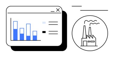 Çubuk grafik, analitiği web arayüzünde fabrika simgesinin yanında duman yayarken gösteriyor. Endüstri, veri analizi, üretim yönetimi, iş istatistikleri, çevre izleme için ideal