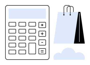 Bulut şeklindeki bir alışveriş çantasının yanında hesap makinesi var. E-ticaret, bütçe, perakende, finans, alışveriş, ekonomi, dijital platformlar, düz basit metafor için ideal