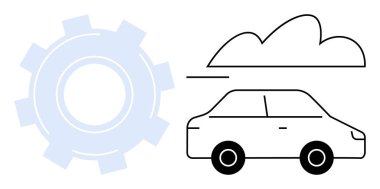 Vites ve araba ana hatları makine, teknoloji ve otomasyonu sembolize eder. Basit bulut görüntüsü ağ oluşturmayı öneriyor. Mekanik, otomotiv tasarımı, mühendislik, bağlantı, bulut sistemi için ideal